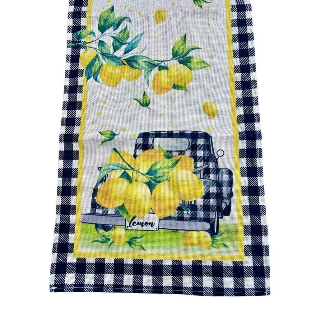 Meyer Lemons Gingham Black & White Border, Cottagecore Table Runner 65x13 in.